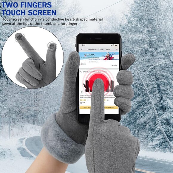 Women's Gray Winter Warm Touchscreen Thermal Fleece Lined Cold Weather Gloves - Picture 3 of 6